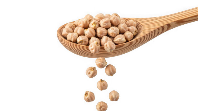 Wooden spoon overflowing with chickpeas, some falling out.