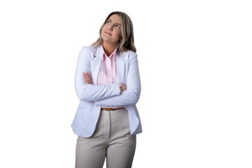 Businesswoman standing arms crossed thinking looking up transparent background