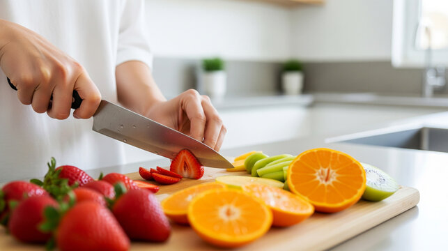 Close-up of hands slicing fresh strawberries and oranges on a wooden cutting board in a bright kitchen - Powered by Adobe