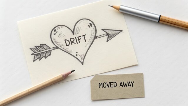 Heart Sketch with Arrow and the Word Drift on White Surface