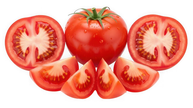 Fresh red tomatoes whole and sliced with water droplets isolated