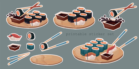 sushi soy sauce rice salmon fish  sticker set with the counturing white border made in asia cousine