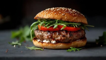 Close-up of a juicy beef burger with arugula, tomato, and feta cheese - Powered by Adobe