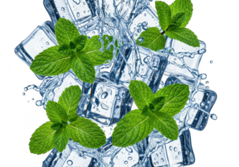Mint leaves and ice cubes with water isolated on transparent background