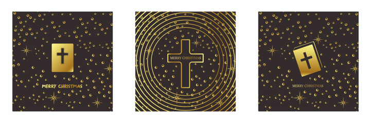 Merry Christmas Christian golden geometric background collection with golden text,night sky stars and cross. Merry Christmas minimalistic poster set, social media post layout, square banner template