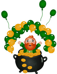 Leprechaun with Pot of Gold and Balloons Illustration Watercolor Hand Drawn Style