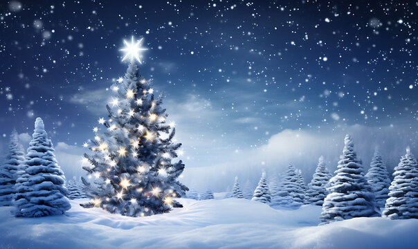 Winter christmas scenic background with copy space snow landscape with spruce branches covered with snow closeup snowdrifts and falling snow on nature outdoors copy space toned blue
