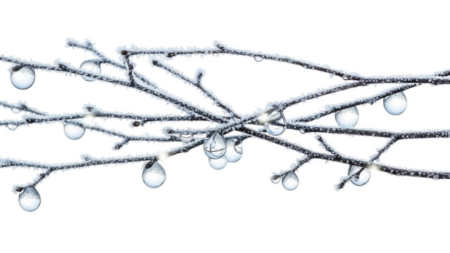 Isolated frosted tree branches with water droplets, winter thaw, icy crystals, scenic nature