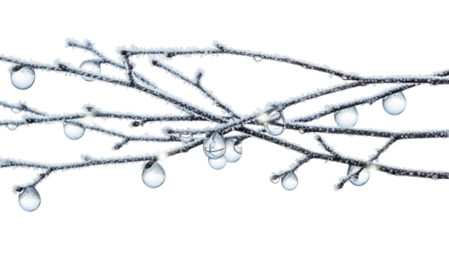 Isolated frosted tree branches with water droplets, winter thaw, icy crystals, scenic nature