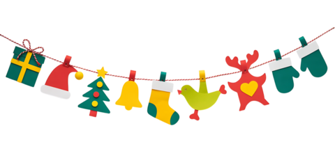 Christmas garland with gift, bell, tree, reindeer, sock isolated on transparent background