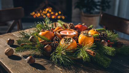 Festive autumn centerpiece with fresh persimmon orange fruit evergreen branch berry pine cone arranged on wooden table surface