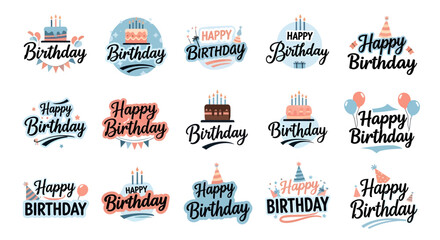 Collection of Happy Birthday themed graphic designs with cakes and balloons.