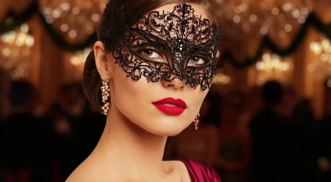 A young Caucasian woman with dark hair wears an intricate black lace mask and red lipstick. She is dressed in a glamorous red gown, set against a festive background.