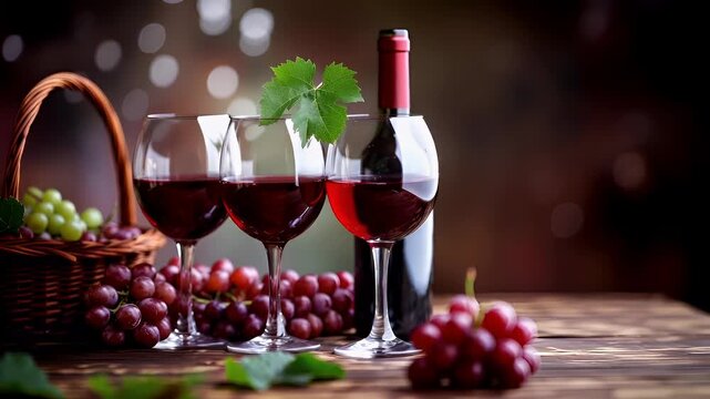 A closeup shot of a wine glass filled with red wine, with a bottle of wine in the background. The wine glass is positioned on a wooden surface, and the background is blurred.