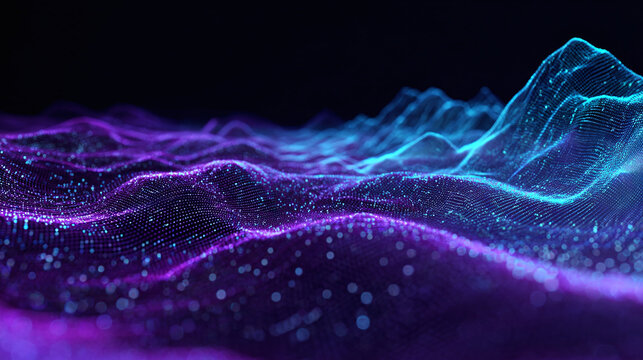 A mesmerizing digital abstract artwork with a flowing, undulating design in shades of purple and teal. This image evokes a sense of movement and depth, ideal for use as a background or visual element.