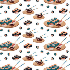 sushi rice asia cousine nigiri with salmon fish wooden stick seamless pattern