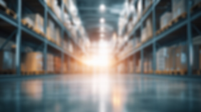 Blurred warehouse interior captures stacked shelves and boxes. Suitable for business storage, logistics, retail, and inventory concepts in designs.