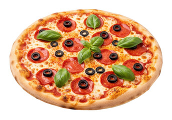 Delicious pepperoni pizza with basil isolated on transparent background