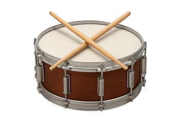 Snare drum with drumsticks crossed, ready for playing music, generating rhythm and percussion beats on transparent background