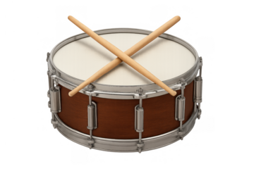 Snare drum with drumsticks crossed, ready for playing music, generating rhythm and percussion beats on transparent background