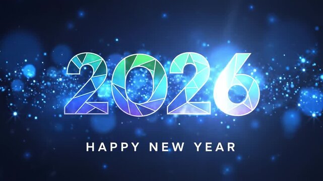 Colorful Digital Illustration of the Year 2026 with Geometric Patterns and Sparkles, Celebrating the Arrival of a Happy New Year in a Vibrant Style