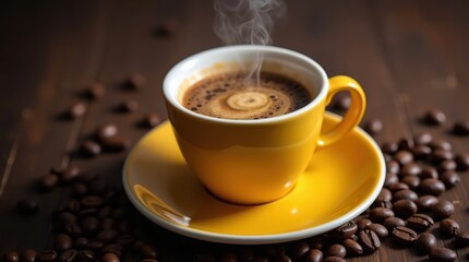 Fototapeta premium Steaming hot coffee in a yellow cup surrounded by coffee beans