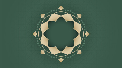 Islamic background with simple gold mandala in green ornamental background. Islamic background