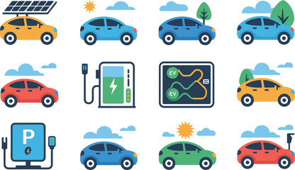 Fototapeta premium Electric Car Icons Set Eco Vehicles EV Charging Renewable Energy Clean Transportation Symbols