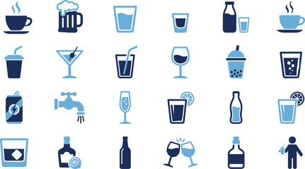 Drink icon set, beverage symbols, coffee cup, cocktail glass, soda bottle, juice container, water faucet, alcohol graphic, refreshment concept