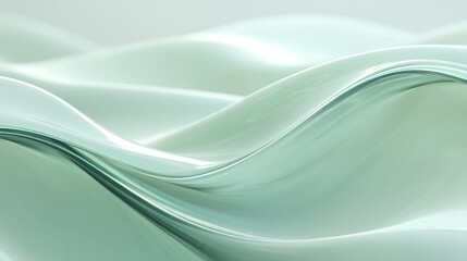 Fototapeta premium Translucent, flowing waves of pale green material create an abstract, glossy background texture.