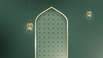 Islamic background with ornamental mosque arch and lantern design. Luxury islamic background