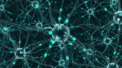 Neurons firing in a vibrant teal network representing the human brain