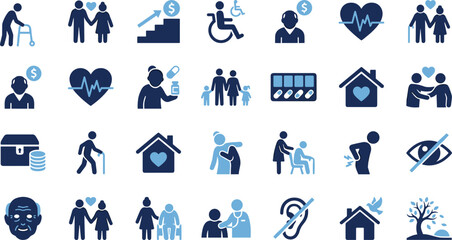 Elderly care icon set, health support, aging wellness, accessibility tools, family care, medical monitoring, disability symbols, emotional aid, senior lifestyle