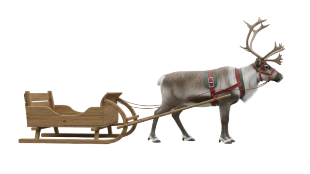 Isolated reindeer with wooden sleigh, winter holiday season, Christmas concept and decoration - Powered by Adobe