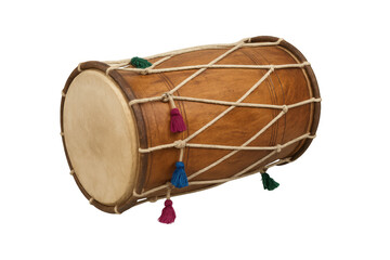 Dhol drum traditional indian percussion instrument with ropes and tassels on transparent background