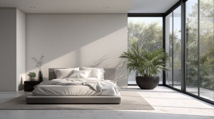 Naklejka premium Modern Minimalist Bedroom with Large Windows and Natural Lighting