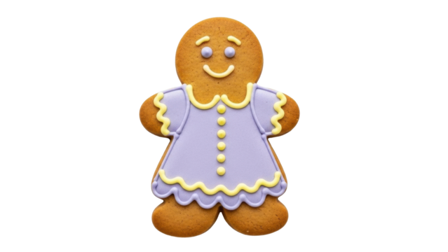 Isolated gingerbread girl in a purple dress with decorative icing ready for Christmas - Powered by Adobe