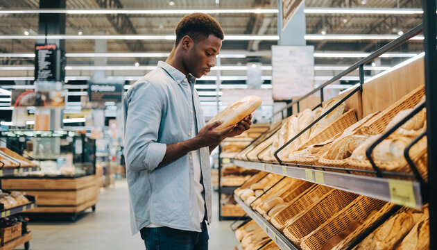 Young Man Choosing Fresh Bread in Supermarket Bakery - Powered by Adobe