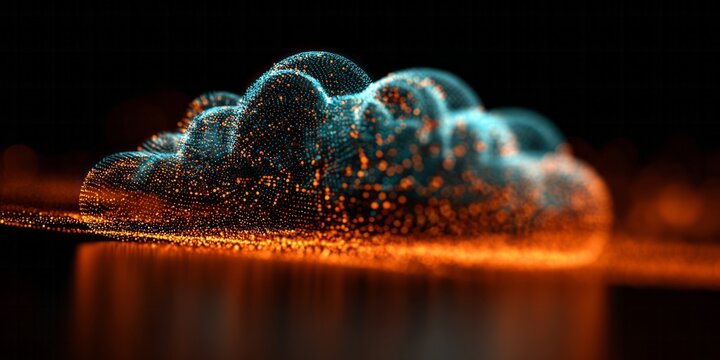 Illuminated digital cloud structure glows with warm and cool particle illumination against a dark background