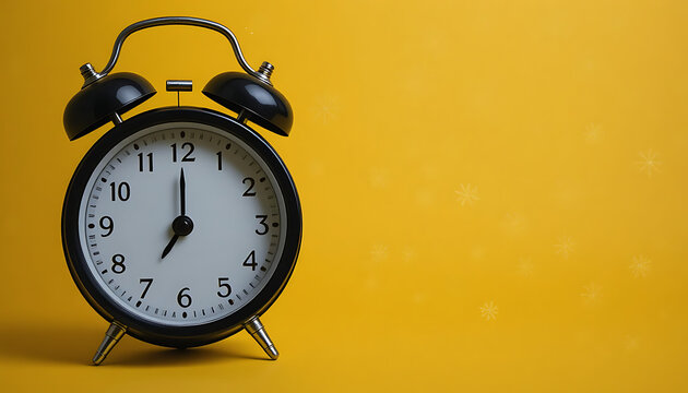 Close up of a black alarm clock showing twelve o'clock on a yellow background plain, 8k image