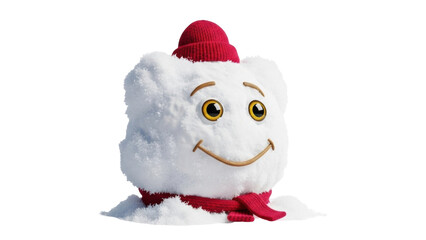 Isolated happy snowman with a red scarf and hat is smiling at the viewer in a funny way