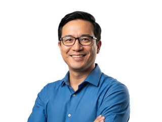 Smiling man with glasses and blue shirt, arms crossed