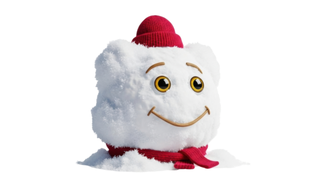 Isolated happy snowman with a red scarf and hat is smiling at the viewer in a funny way
