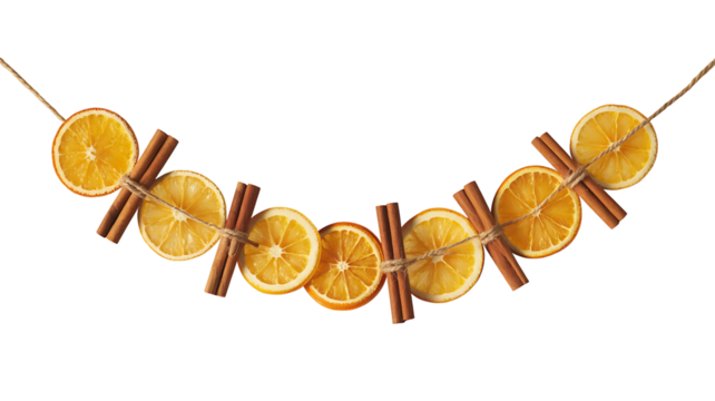 Festive garland made of dried orange slices and cinnamon sticks on transparent background