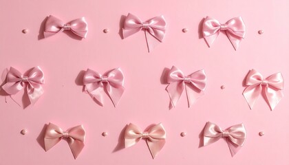 Elegant collection of satin bows in various pink and peach shades arranged on a pastel background with pearl accents.