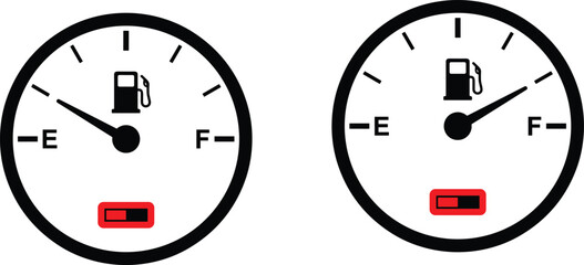 Obraz premium Fuel gauge icons, vehicle dashboard vector, gas level comparison, empty and full indicator, automotive warning symbol, energy meter design set