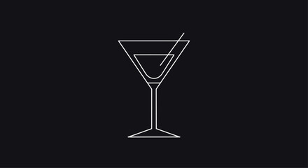 Minimalist line art icon of an elegant martini glass with a garnish, presented on a sleek, dark black background for a chic look.