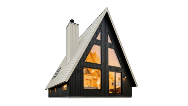 Isolated A-frame cabin exterior, modern home design, contemporary wooden architecture style