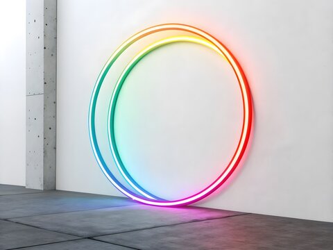 Glowing neon circle colorful light effect modern art installation on white wall abstract background