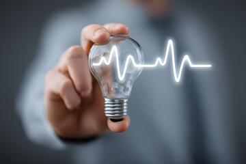 Hand business man holding light bulb with light line. Alternative energy, idea, saving electricity innovation and inspiration concepts.